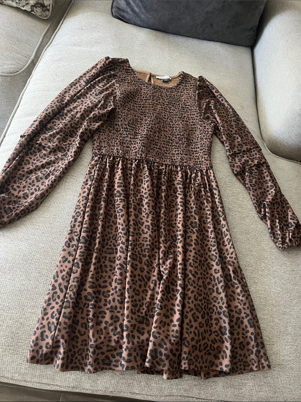 American Eagle Outfitters Brown Leopard Print Smocked Midi Dress